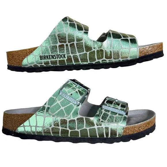 Birkenstock Metallic Green Croc Sandals - Picture 1 of 9